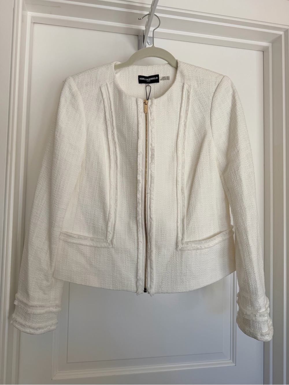 KARL LAGERFELD Women's White Textured Zip-Front Jacket Size 8